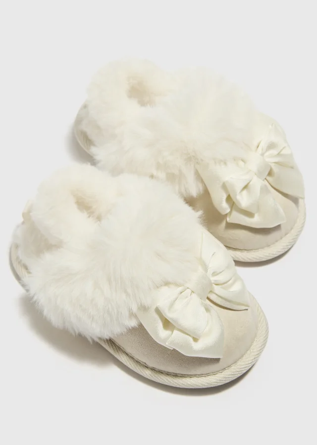 Girls Cream Bow Snug Mule Slippers (Younger 4-12)