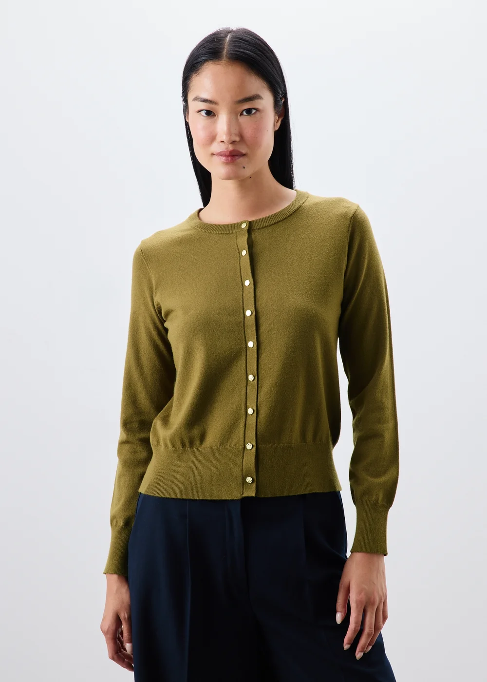 Khaki Knitted Crew Neck Cardigan - 8 Image 1