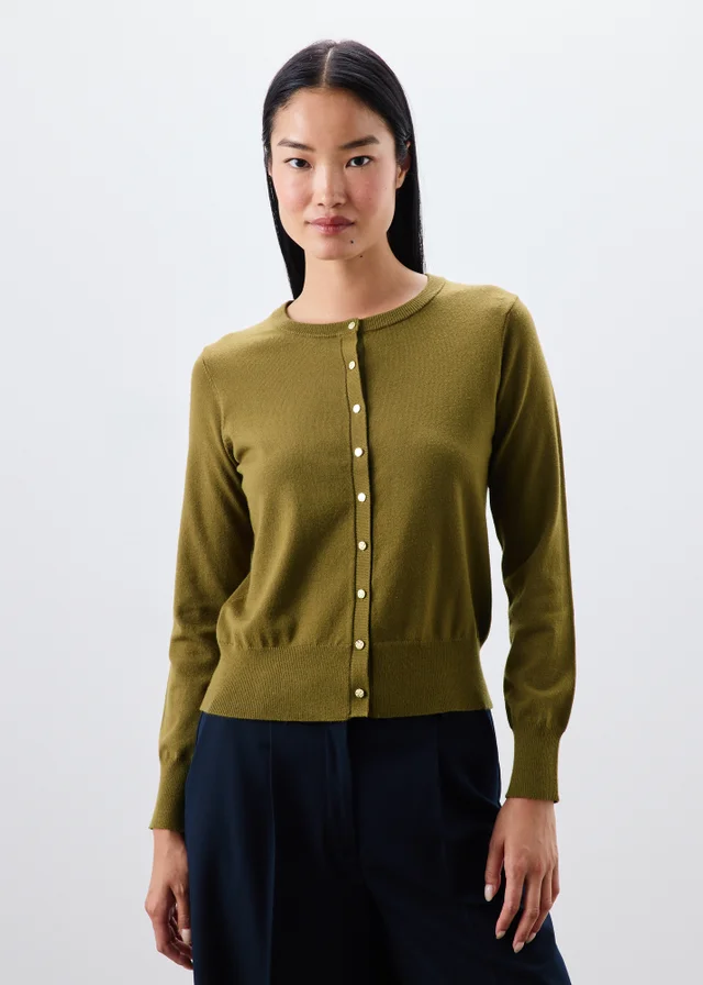 Khaki Knitted Crew Neck Cardigan
