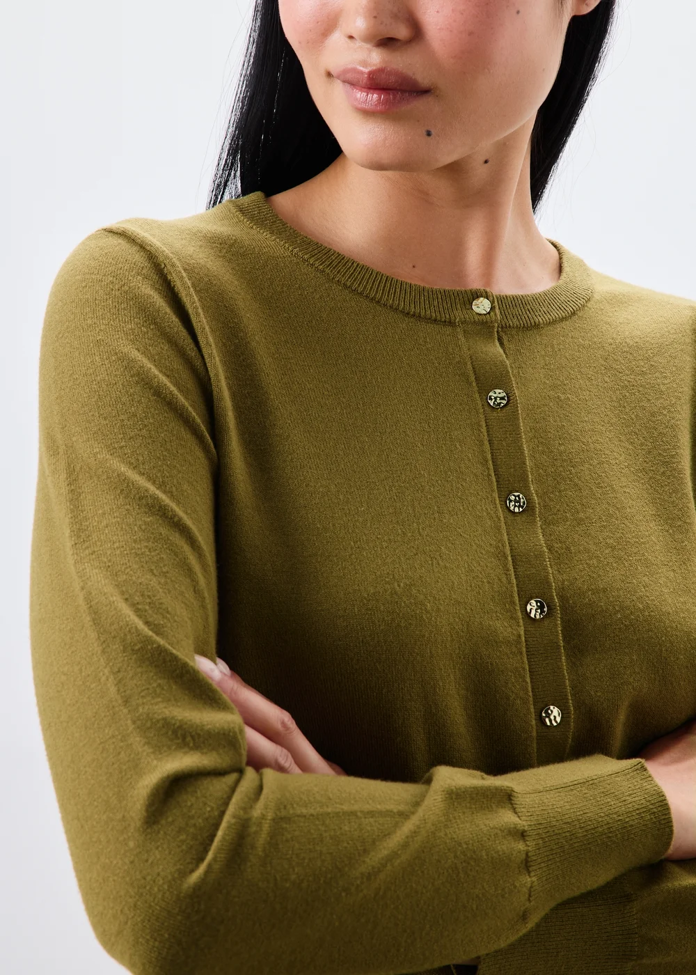 Khaki Knitted Crew Neck Cardigan - 8 Image 3