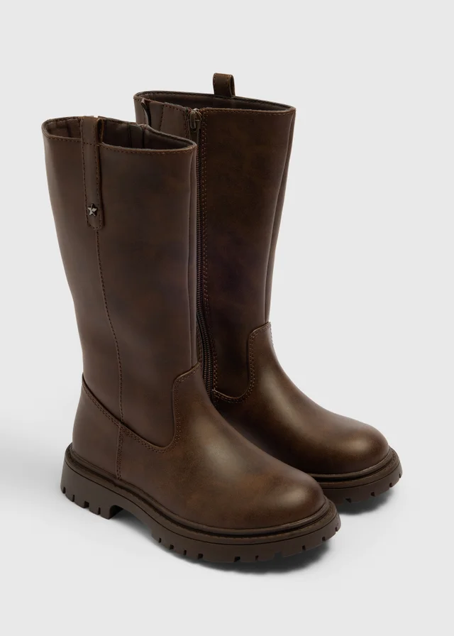 Girls Brown Faux Leather Boots (Younger 10-Older 5)