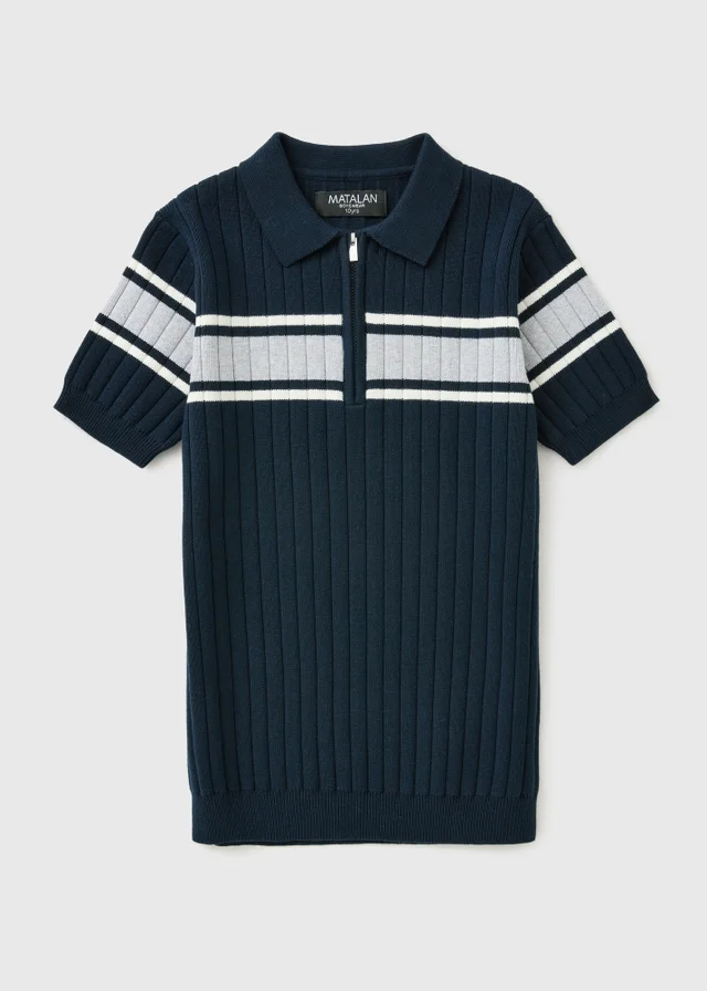 Boys Navy Striped Knit Polo Shirt (7-15 yrs)