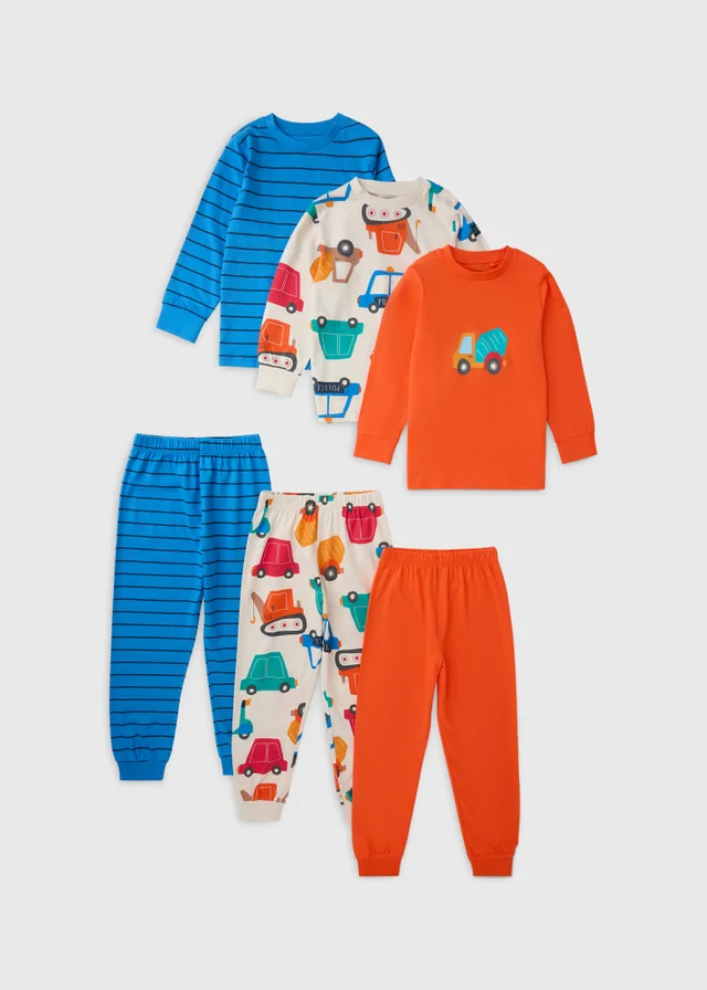 Boys 3 Pack Orange Transport Pyjama Set (1-7 Yrs)