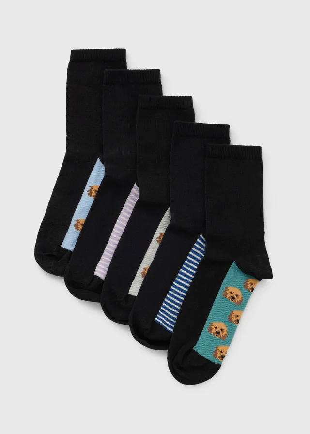 5 Pack Black Dog Footbed Ankle Socks