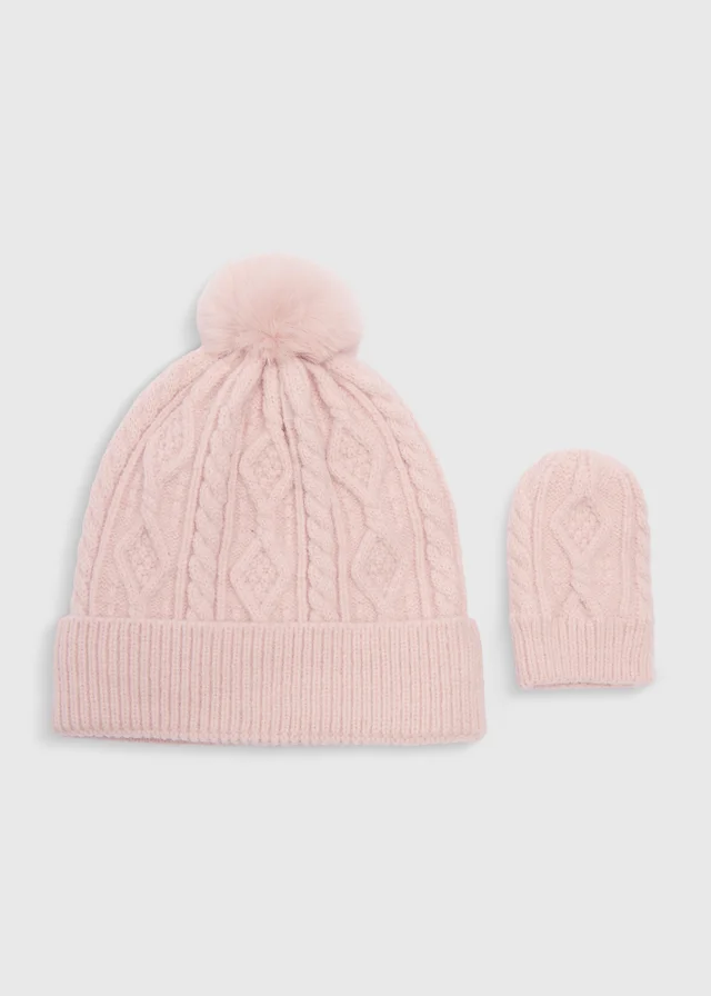 2 Pack Baby Pink Hat & Mittens (1-24 Months)