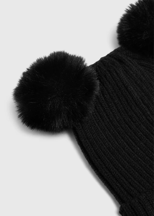 Girls Black Double Pom Pom Bobble Hat (3-13yrs)
