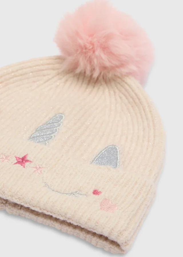 Girls Cream Unicorn Beanie Hat (3-10 Yrs)