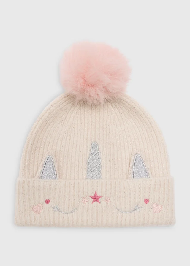 Girls Cream Unicorn Beanie Hat (3-10 Yrs)