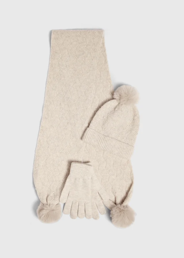 3 Piece Girls Beige Pearl Cable Hat Set (3-13yrs)