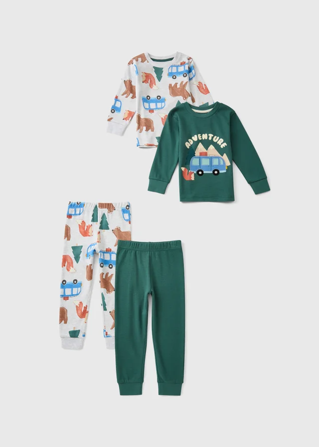 2 Pack Boys Forest Green Woodland Print Pyjamas (1-7yrs)