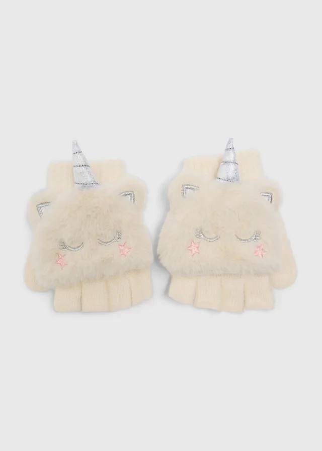 Girls Cream Unicorn Mittens