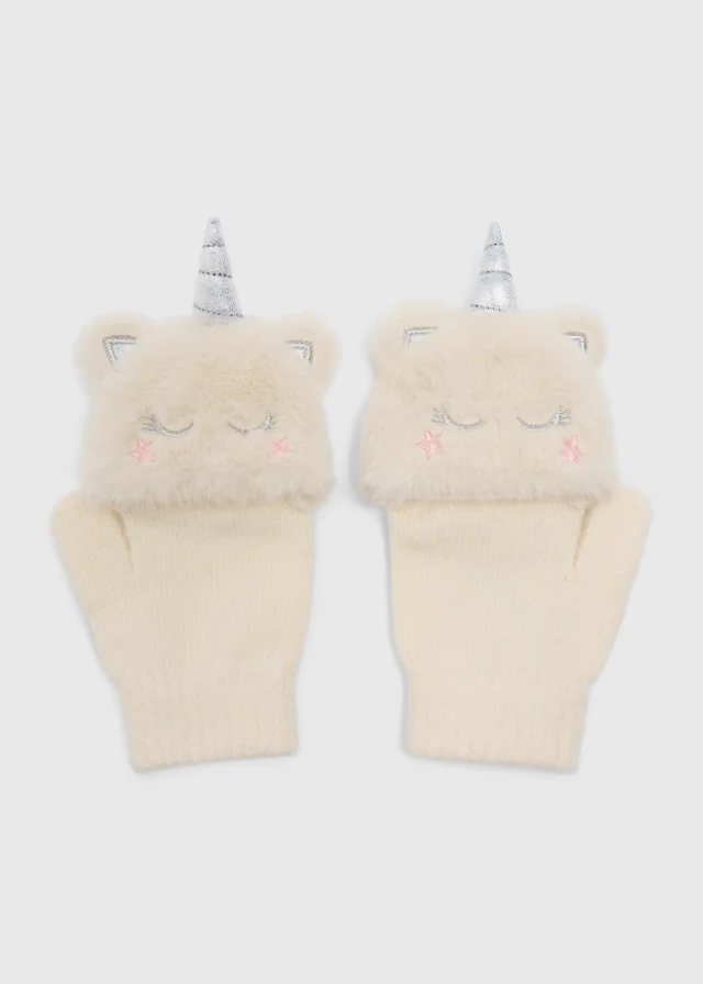 Girls Cream Unicorn Mittens