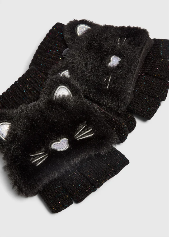 Girls Black Cat Novelty Mittens