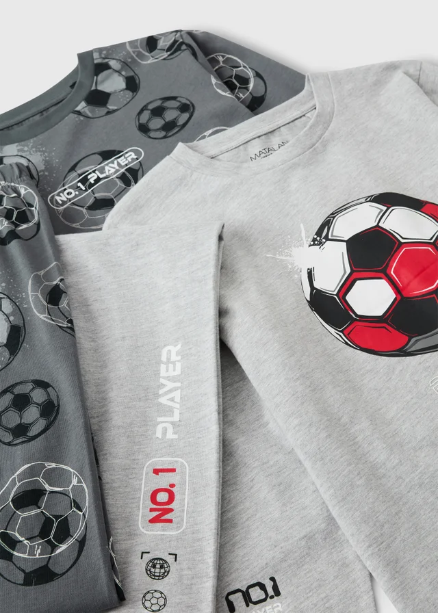 2 Pack Boys Grey Football Pyjamas (7-13 Yrs)