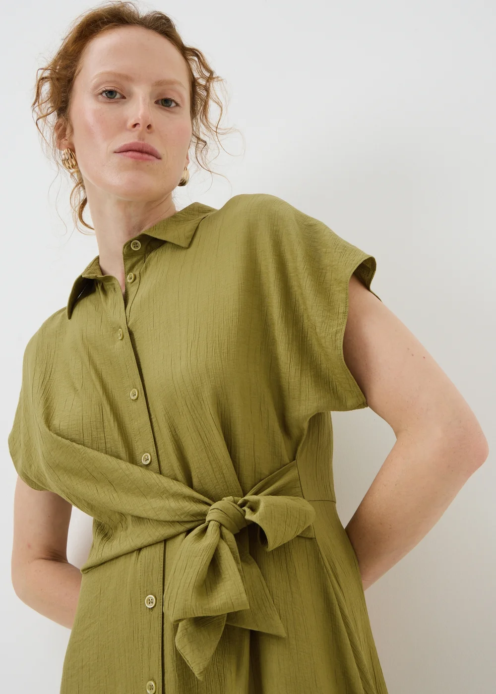 Lime Green Tie Front Midi Shirt Dress - 8 Image 1