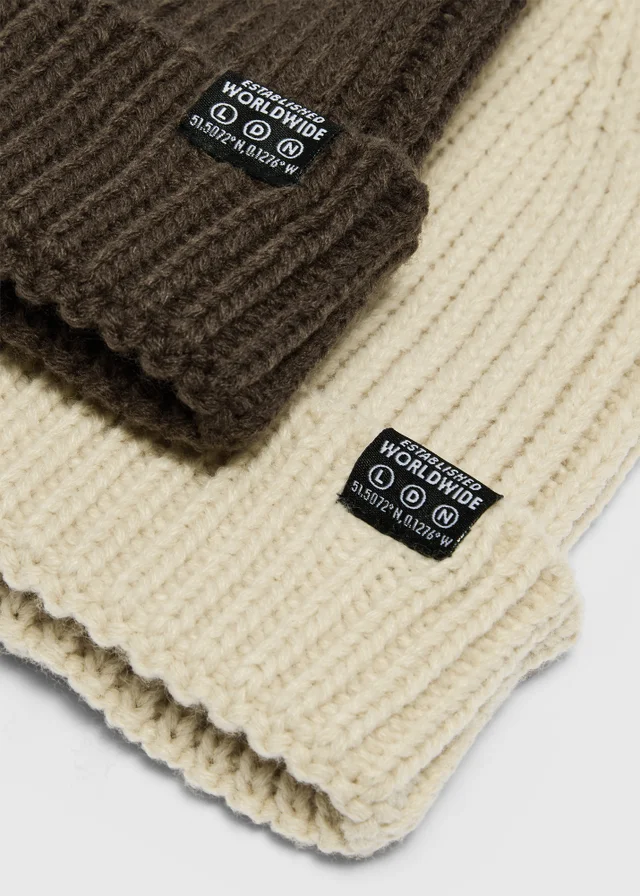 Boys 2 Pack Oatmeal & Brown Ribbed Beanie Hats (3-13yrs)