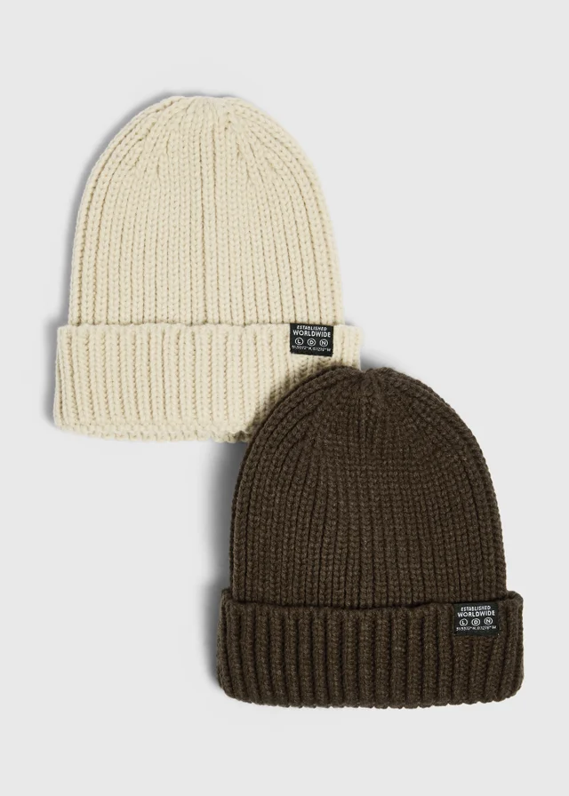 Boys 2 Pack Oatmeal & Brown Ribbed Beanie Hats (3-13yrs)