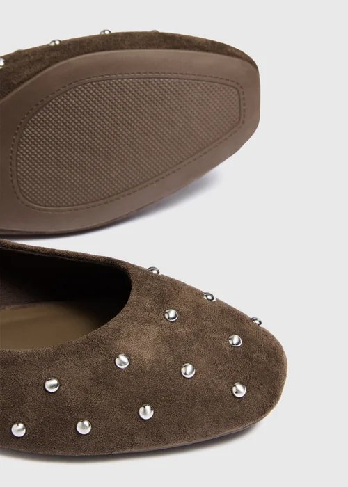 Brown Faux Suede Stud Ballet Flats - 3 Image 4