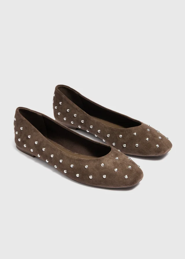 Brown Faux Suede Stud Ballet Flats