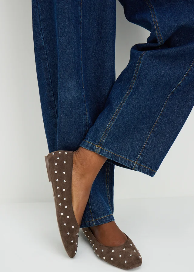 Brown Faux Suede Stud Ballet Flats