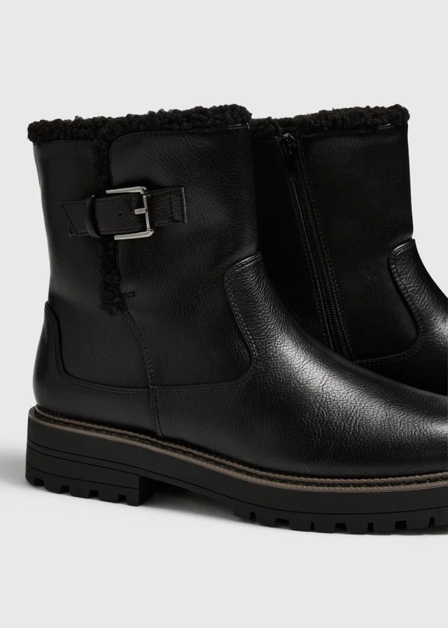Black Buckled Faux Leather Fur Boot