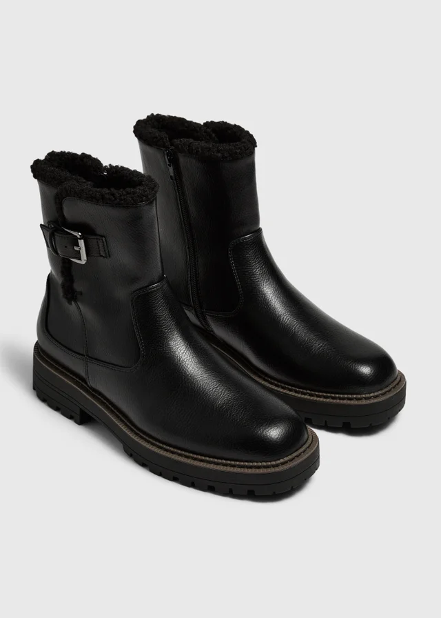 Black Buckled Faux Leather Fur Boot