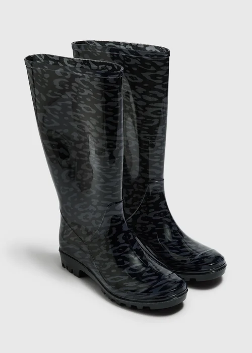 Black Tall Leopard Printed Wellies - 3 Image 1