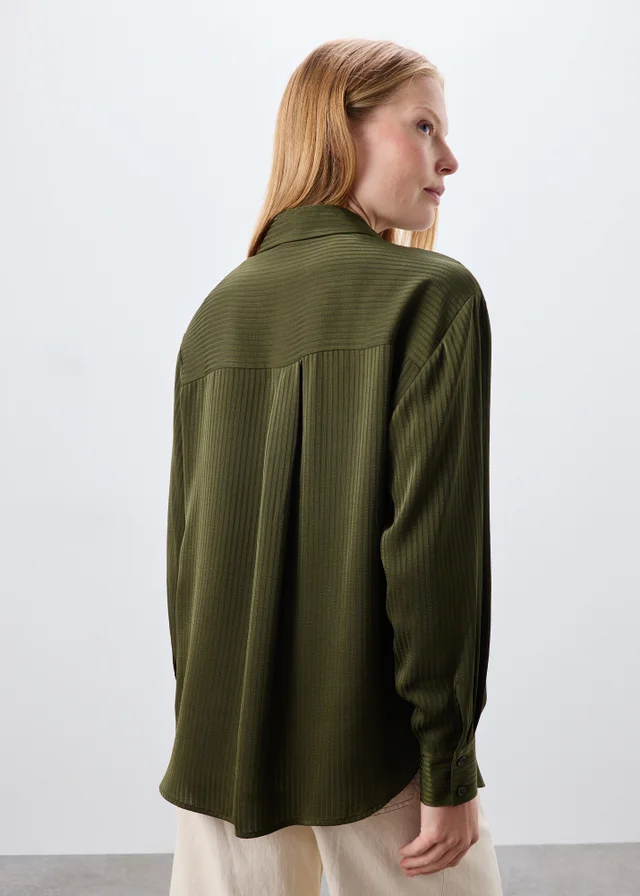 Khaki Textured Stripe Satin Shirt