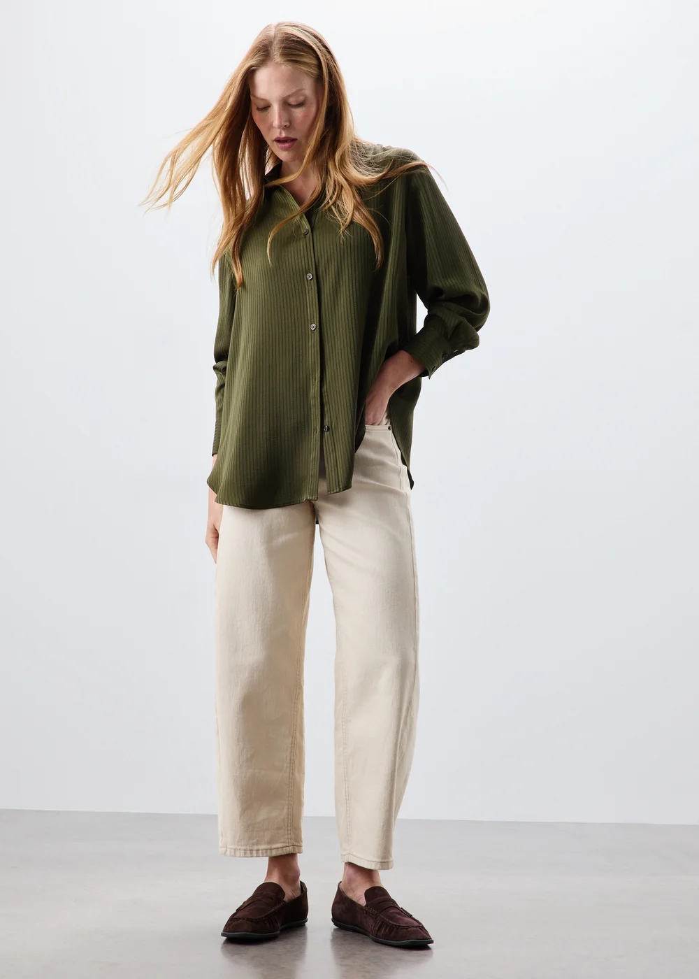 Khaki Textured Stripe Satin Shirt - 8 Image 1