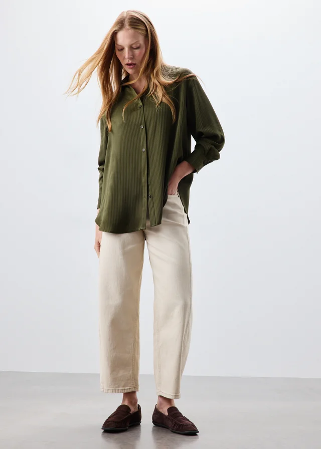 Khaki Textured Stripe Satin Shirt