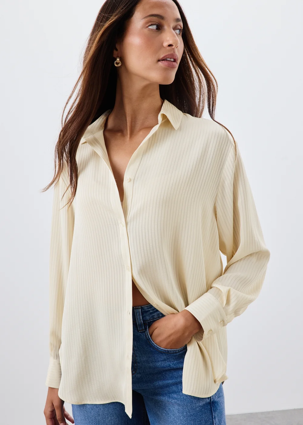 Cream Textured Striped Satin Shirt - 8 Image 1
