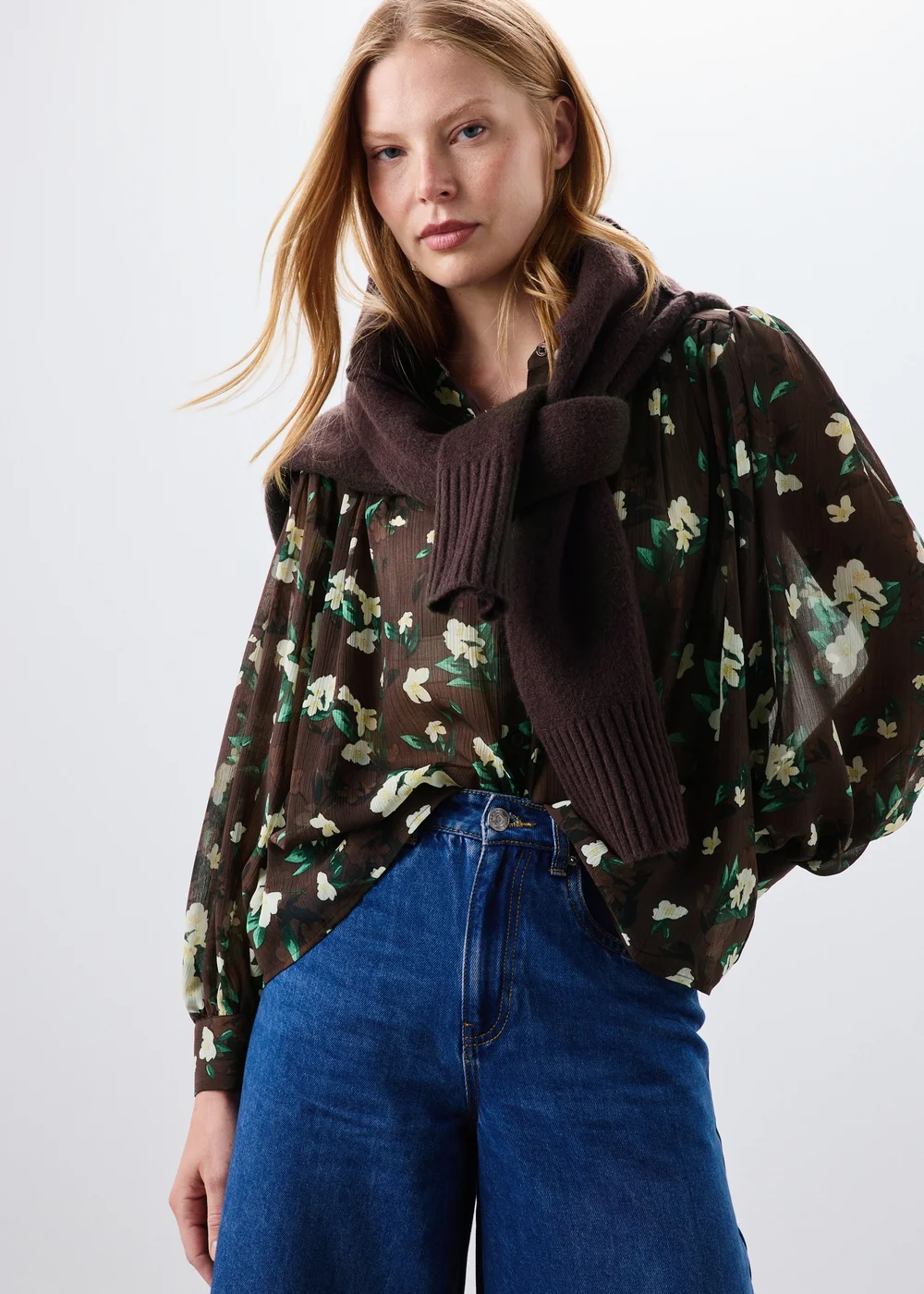 Chocolate Brown Floral Button Through Blouse - 8 Image 1