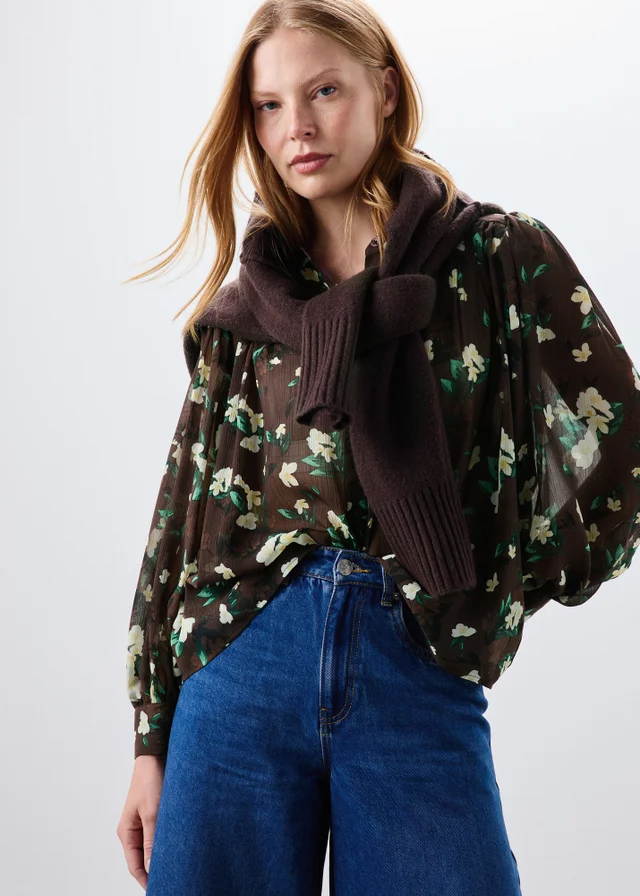 Chocolate Brown Floral Button Through Blouse