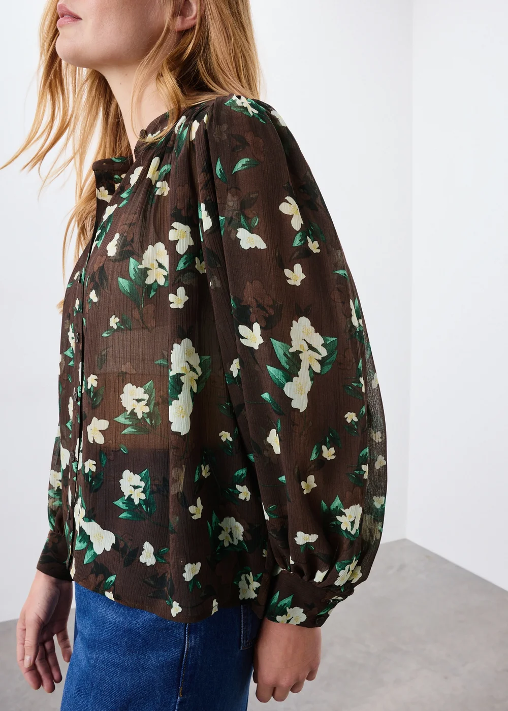 Chocolate Brown Floral Button Through Blouse - 8 Image 3