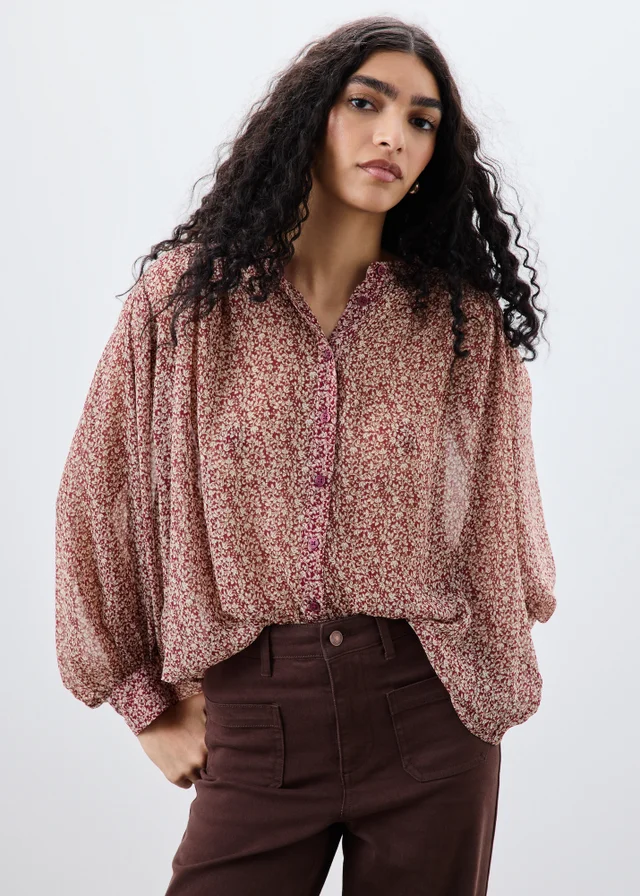 Red Ditsy Print Button Through Blouse