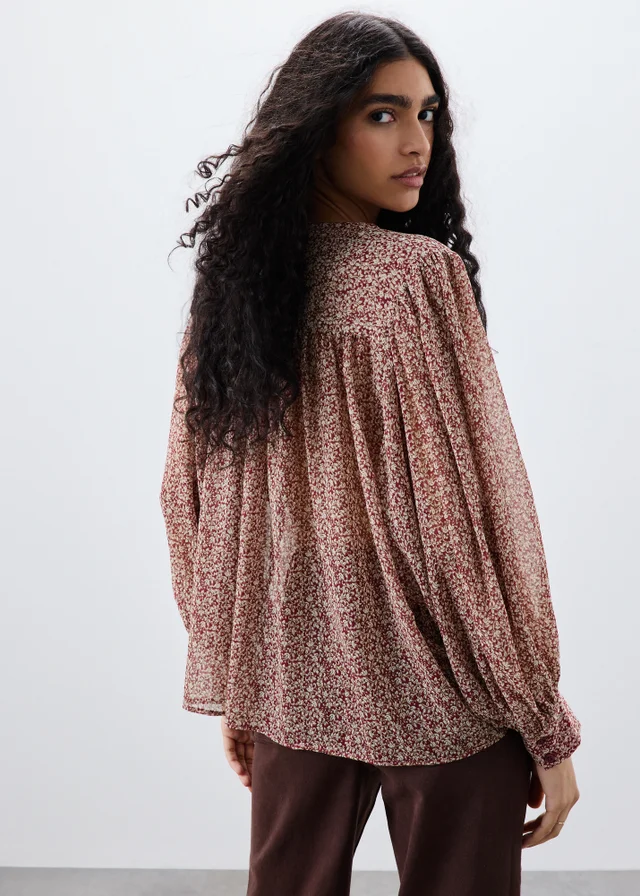 Red Ditsy Print Button Through Blouse