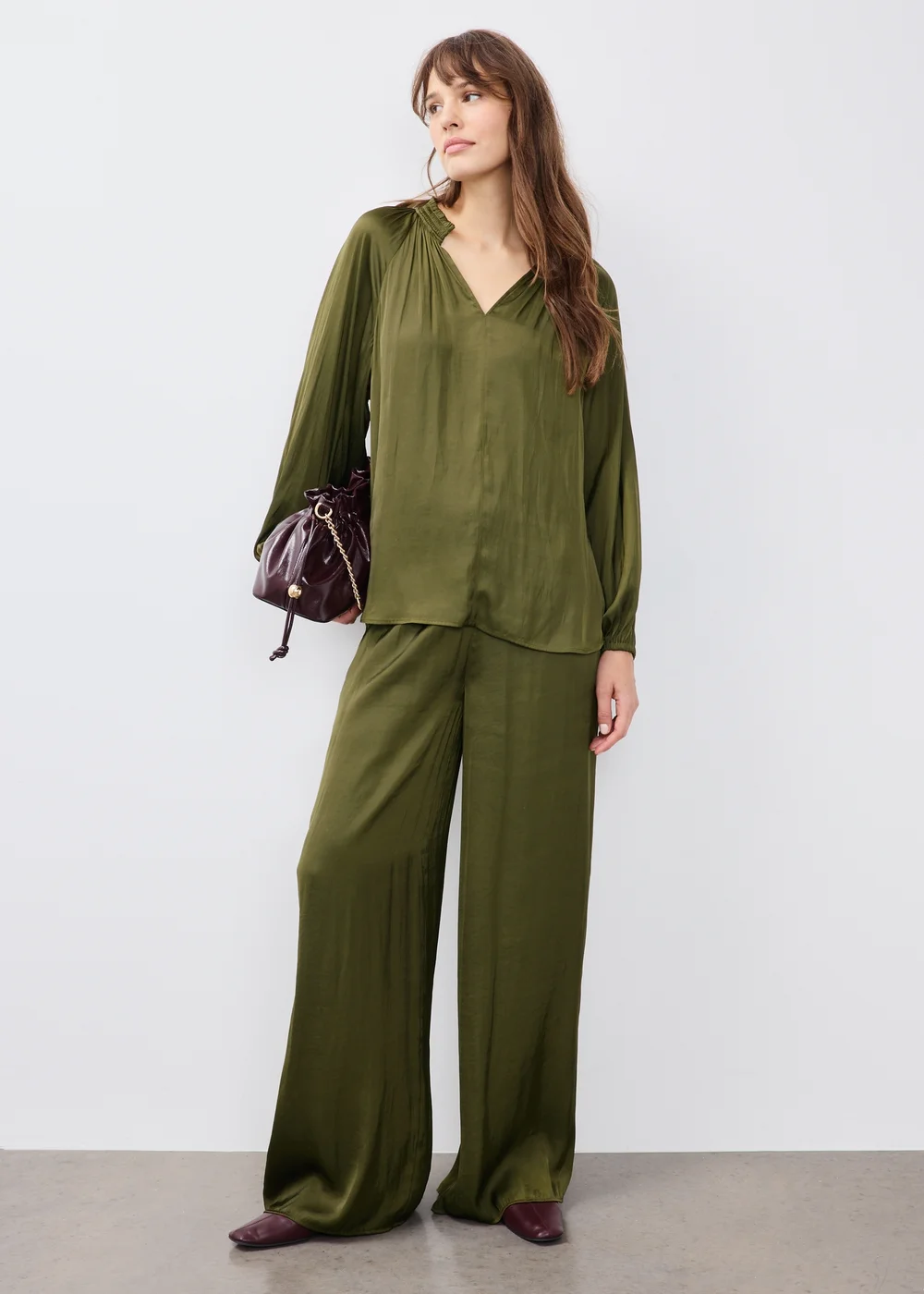 Khaki Satin Popover Co Ord Blouse - 8 Image 4