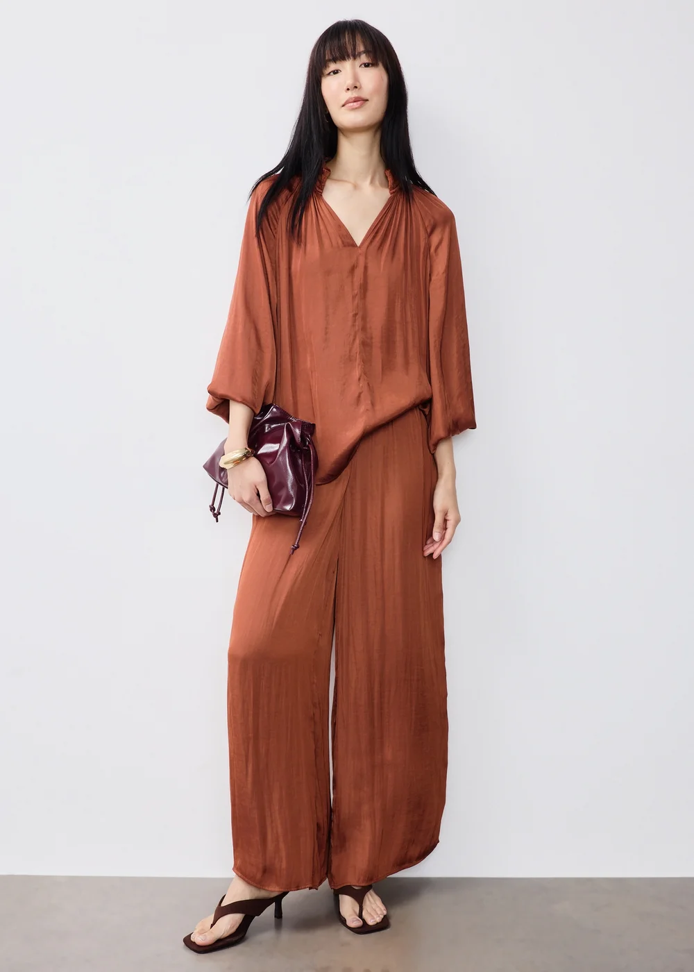 Terracotta Satin Popover Co Ord Blouse - 8 Image 2