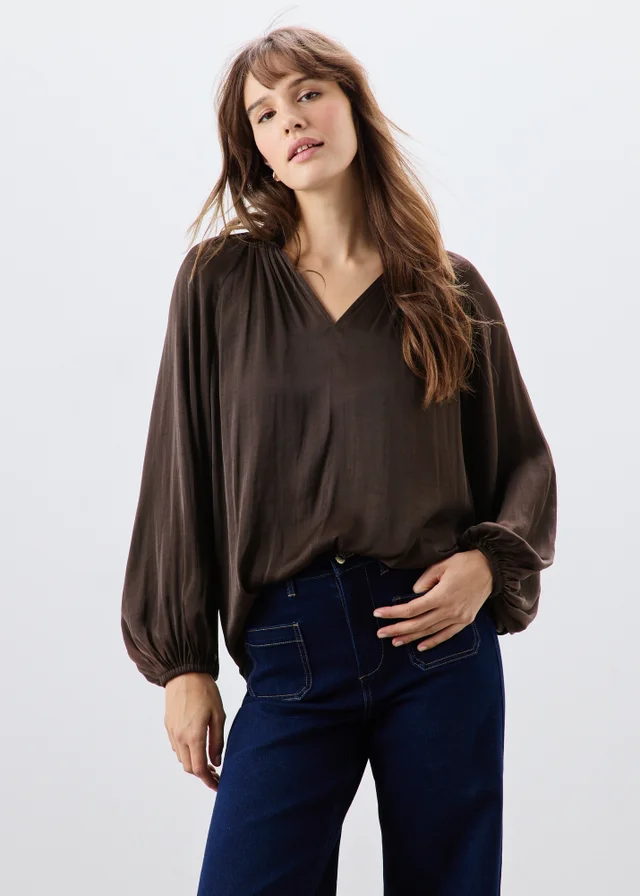 Brown Satin Popover Co Ord Blouse