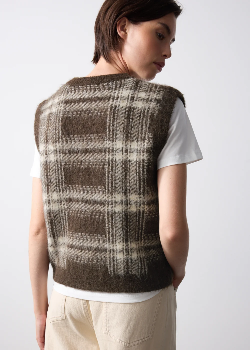 Brown Check Fluffy Crew Tank Jumper - XS Image 3