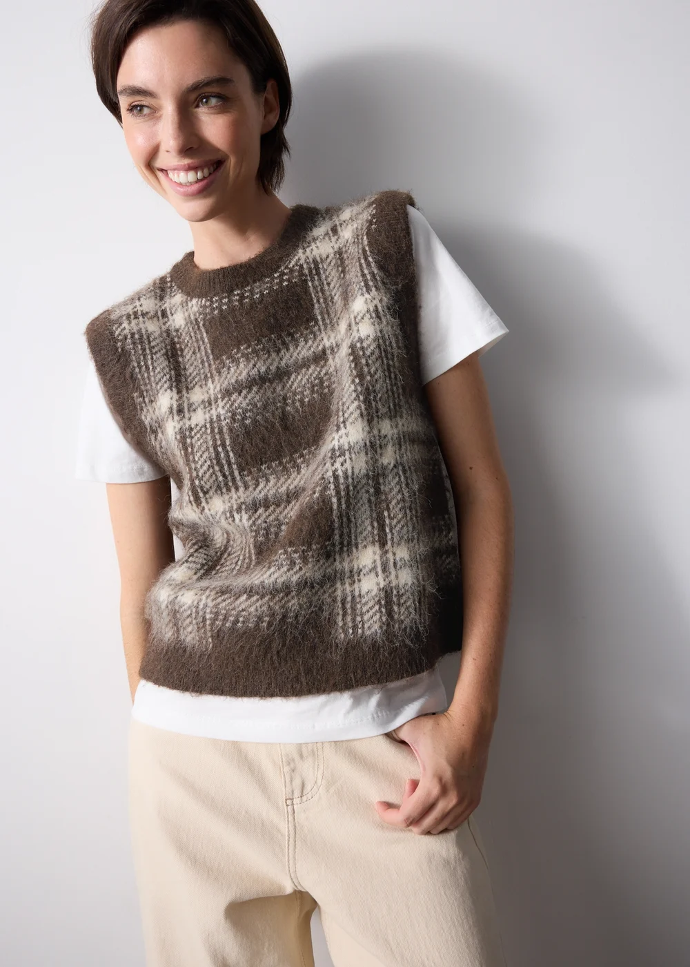 Brown Check Fluffy Crew Tank Jumper - XS Image 1