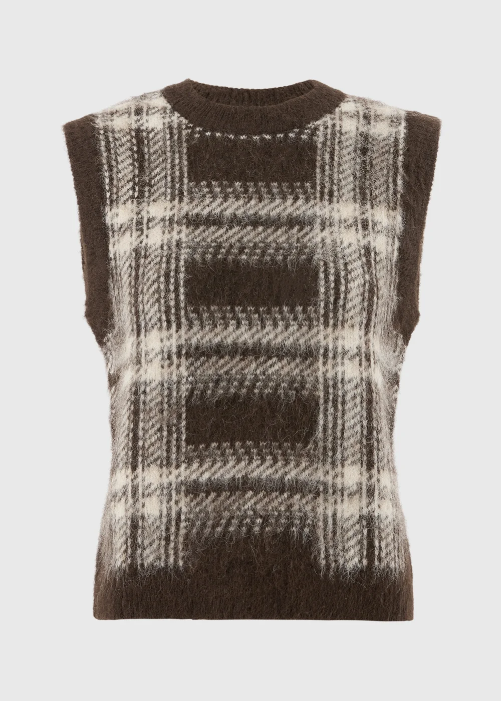 Brown Check Fluffy Crew Tank Jumper - XS Image 5