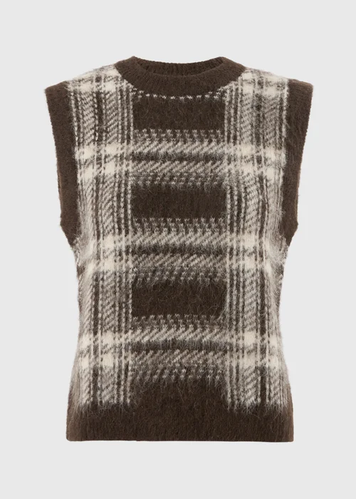 Brown Check Fluffy Crew Tank Jumper - XS Image 5