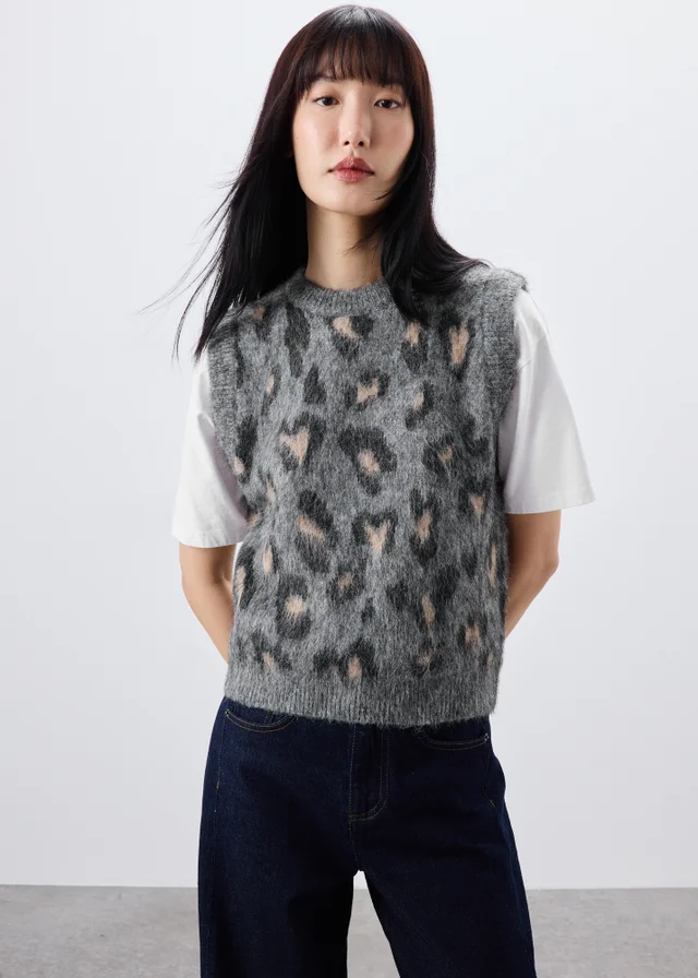 Grey Animal Print Knitted Tank Top