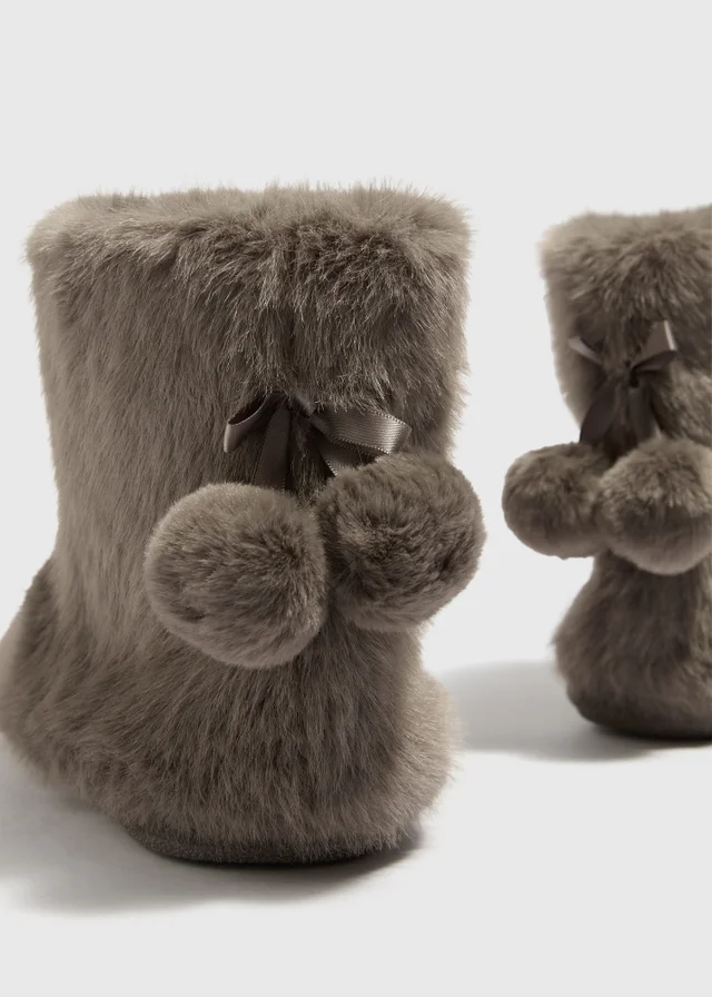 Grey Faux Fur Boot Slippers