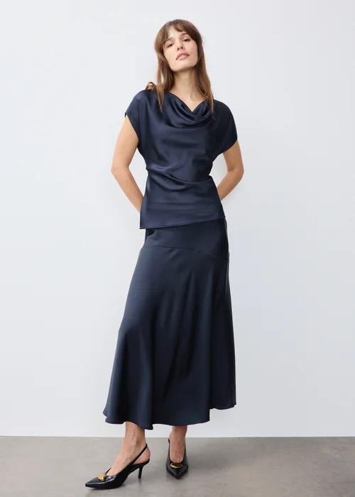 Navy Satin Midaxi Skirt - 8 Image 1
