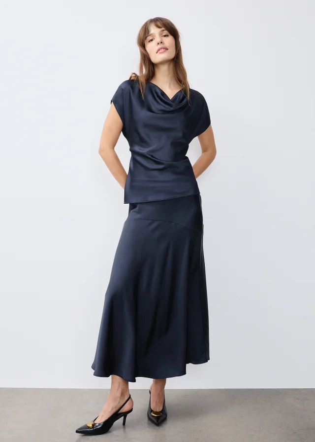 Navy Satin Midaxi Skirt