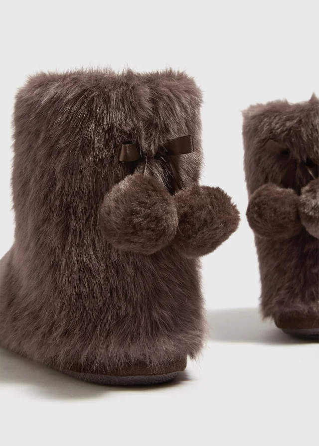 Chocolate Brown Fur Pom Pom Slippers