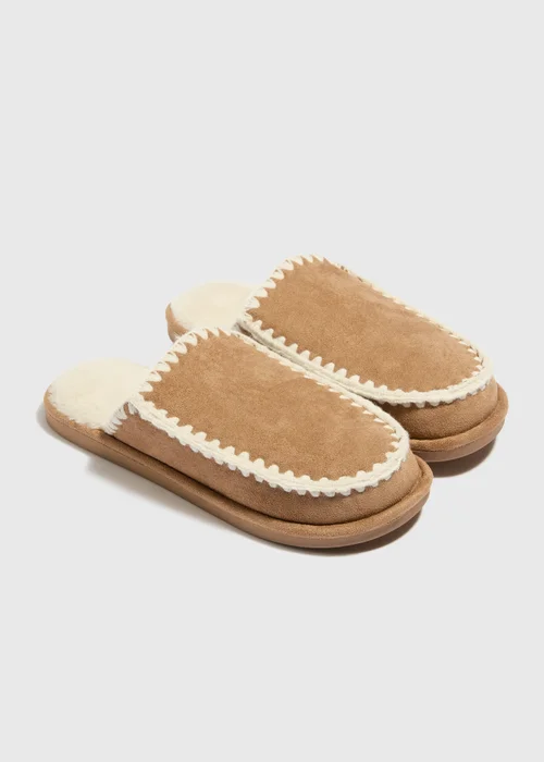Tan Blanket Stitch Mule Slippers - S Image 1