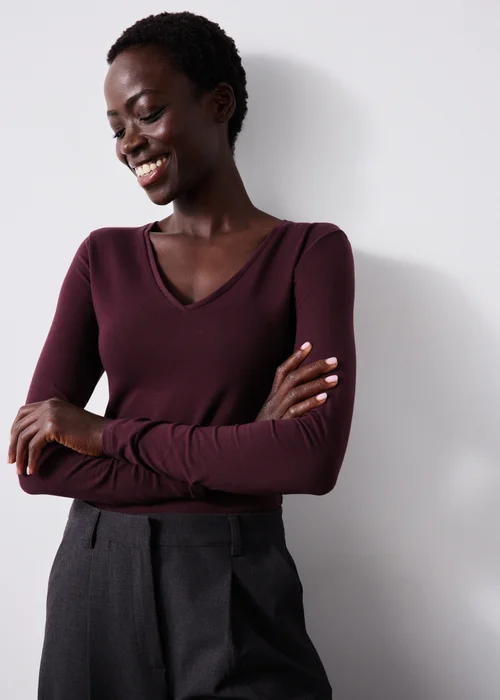 Burgundy Long Sleeve Fitted V-Neck Top - 8 Image 1